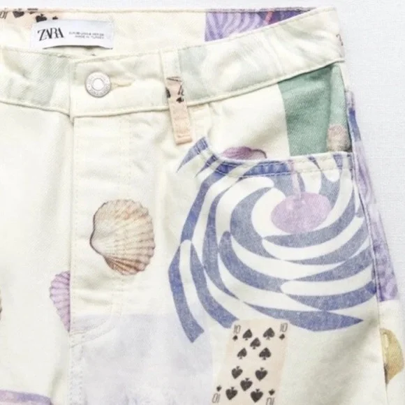 Zara NWT Size 4 Cream Pastel Seashell Art Print Straight Leg Jeans - Picture 4 of 11